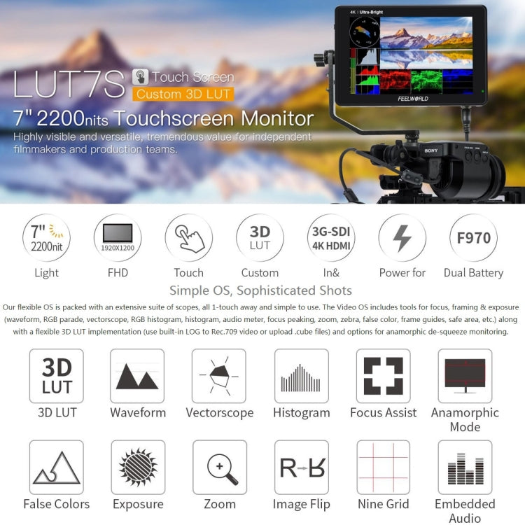 FEELWORLD LUT7S 1920x1200 2200 nits 7 inch IPS Screen HDMI 4K Touch Screen Camera Field Monitor, LUT7S
