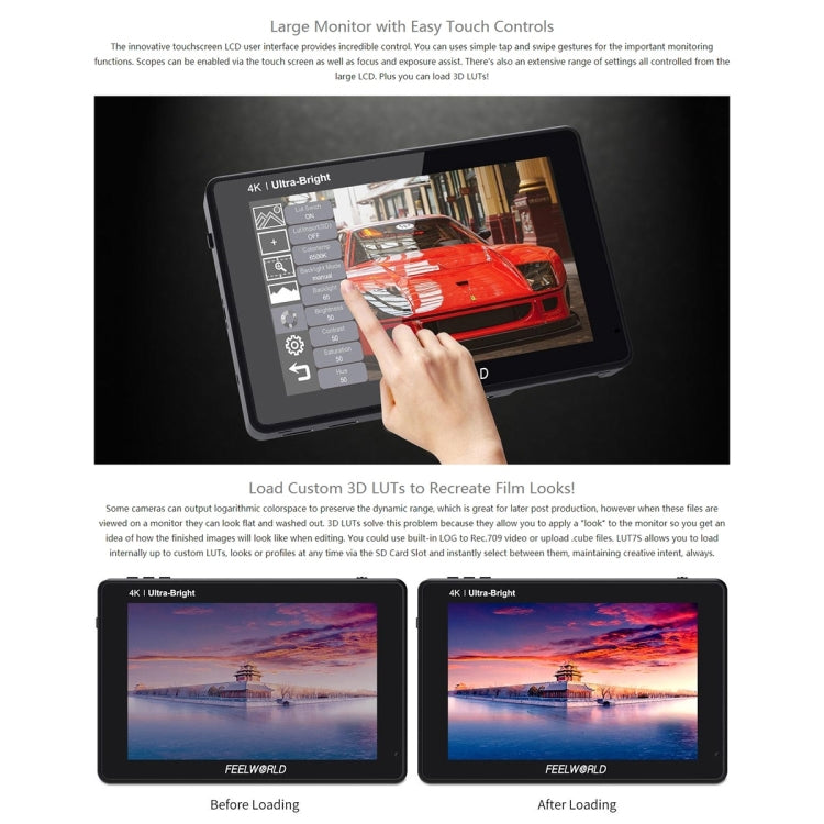 FEELWORLD LUT7S 1920x1200 2200 nits 7 inch IPS Screen HDMI 4K Touch Screen Camera Field Monitor, LUT7S