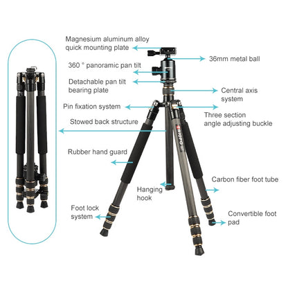 TRIOPO 853 Adjustable Portable Carbon Fiber Tripod with D2-A Ball Head for SLR Camera, 853