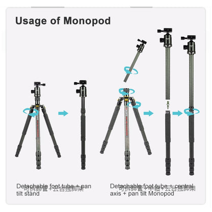TRIOPO 853 Adjustable Portable Carbon Fiber Tripod with D2-A Ball Head for SLR Camera, 853