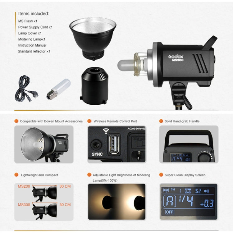 Godox MS300 Studio Flash Light 300Ws Bowens Mount Studio Speedlight with Cover, MS300