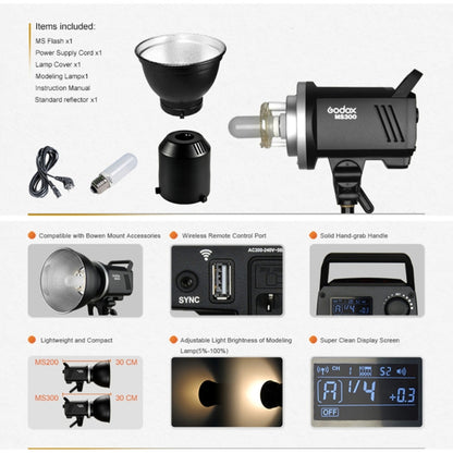 Godox MS300 Studio Flash Light 300Ws Bowens Mount Studio Speedlight with Cover, MS300