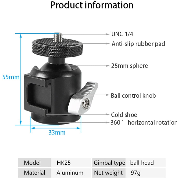 BEXIN HK25 Aluminum Alloy Cold Shoe Tripod Adapter Ball Head, HK25