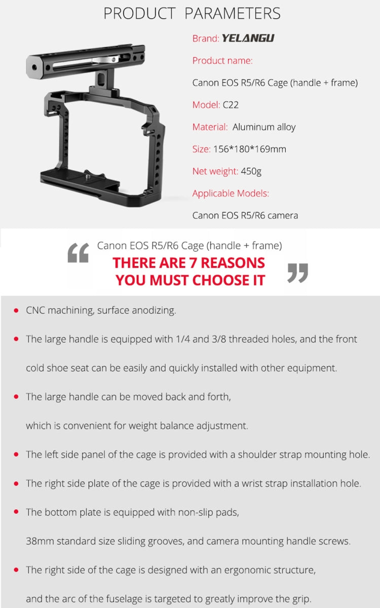 YELANGU C22 YLG0334B Video Camera Cage Stabilizer with Handle for Canon EOS R5/R6, YLG0334B