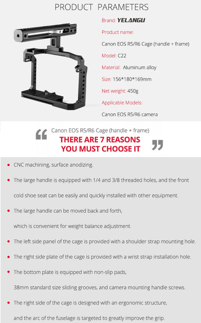 YELANGU C22 YLG0334B Video Camera Cage Stabilizer with Handle for Canon EOS R5/R6, YLG0334B