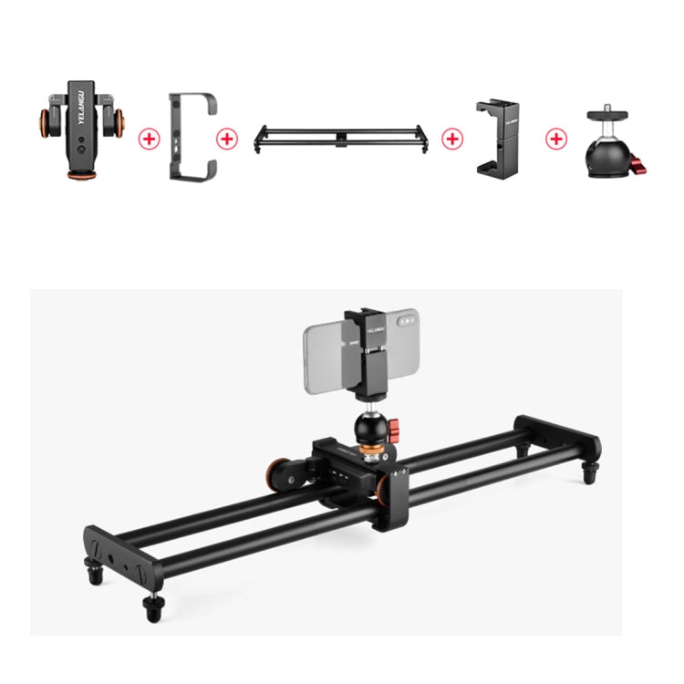 YELANGU L60E 60cm Slide Rail Track + L4 3-Wheel Video Dolly with Phone Clamp & Ballhead, L60E+L4X+PC03+Ballhead