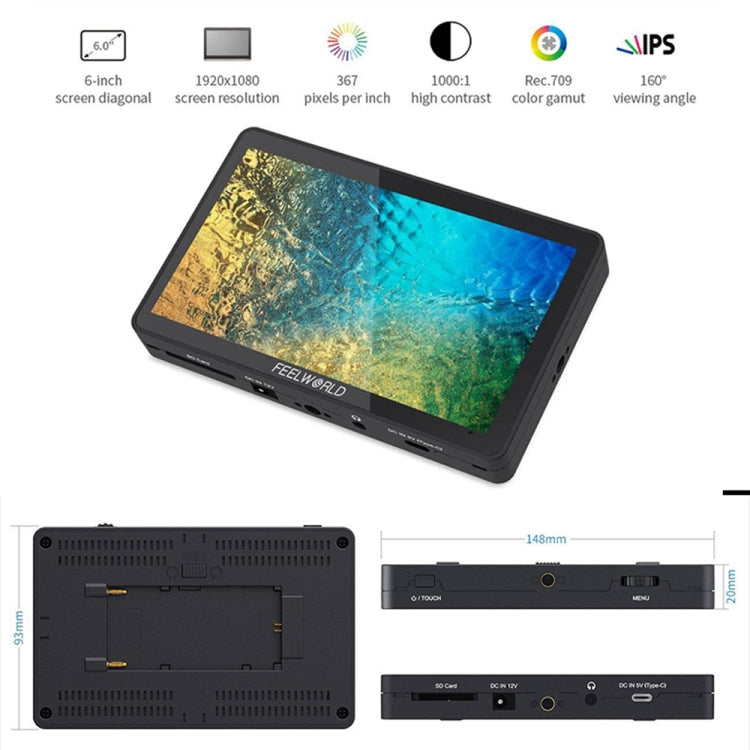 FEELWORLD F6 Plus V2 6 inch 3D LUT Touch Screen DSLR Camera Field Monitor, IPS FHD1920x1080 4K HDMI Input & Output, with Tilt Arm, F6 Plus V2