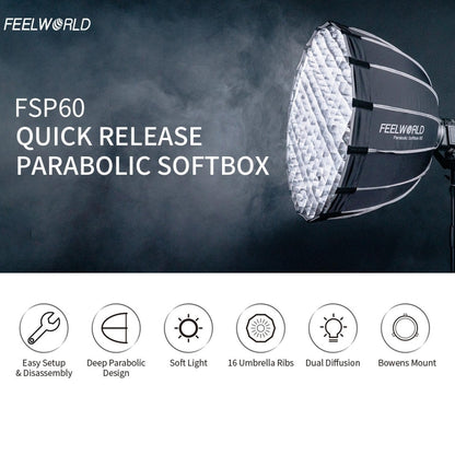 FEELWORLD FSP60 60cm Parabolic Softbox Quick Release Diffuser with Bowens Mount, FSP60 60cm