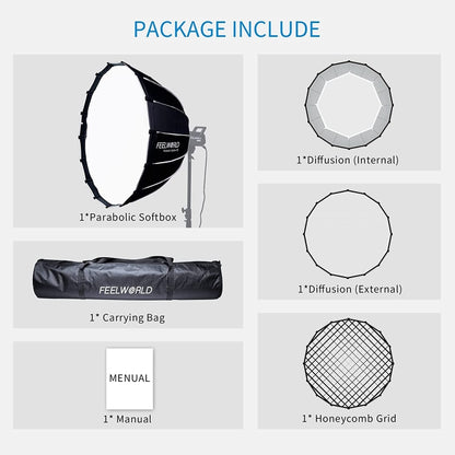 FEELWORLD FSP90 90cm Parabolic Softbox Quick Release Diffuser with Bowens Mount, FSP90 90cm