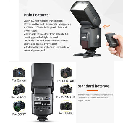Godox TT560II Wireless 433MHz GN38 Camera Flash Speedlite Light, TT560II