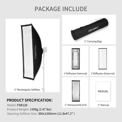 FEELWORLD FSR120 30x120cm Rectangular Softbox Quick Release Bowens Mount Diffuser, FSR120 30x120cm