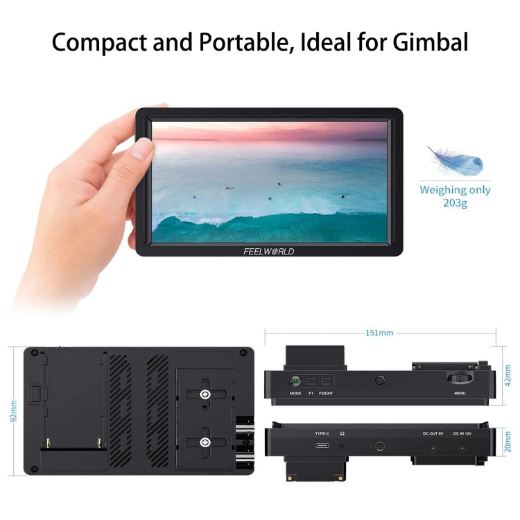 FEELWORLD FW568S 6 Inch On-camera Monitor FHD IPS 3G-SDI 4K HDMI F970 External Power and Install Kit, FW568S