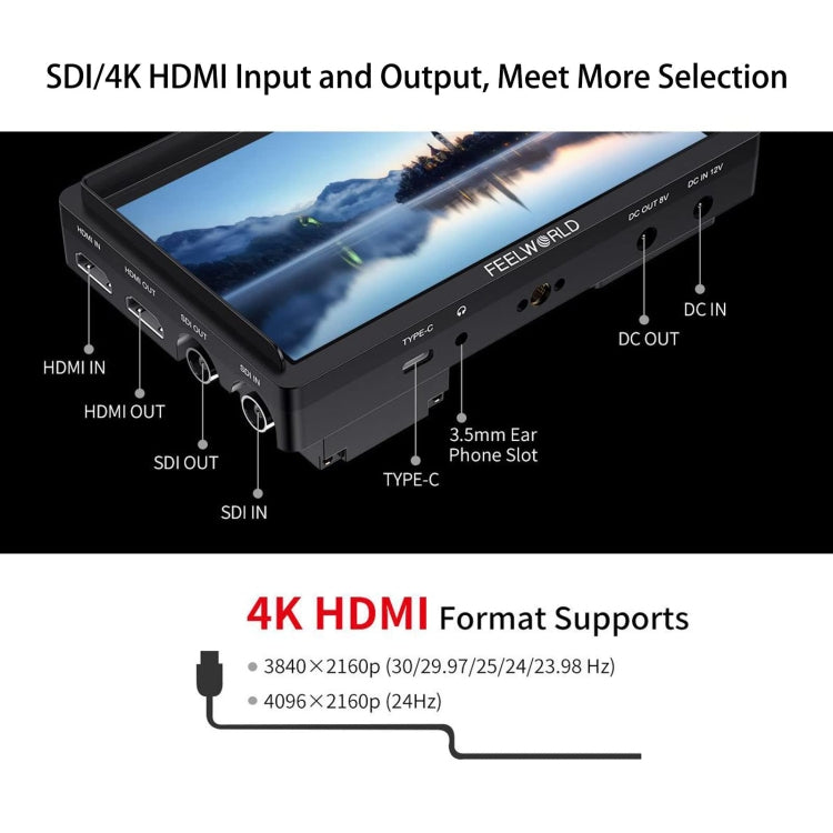 FEELWORLD FW568S 6 Inch On-camera Monitor FHD IPS 3G-SDI 4K HDMI F970 External Power and Install Kit, FW568S