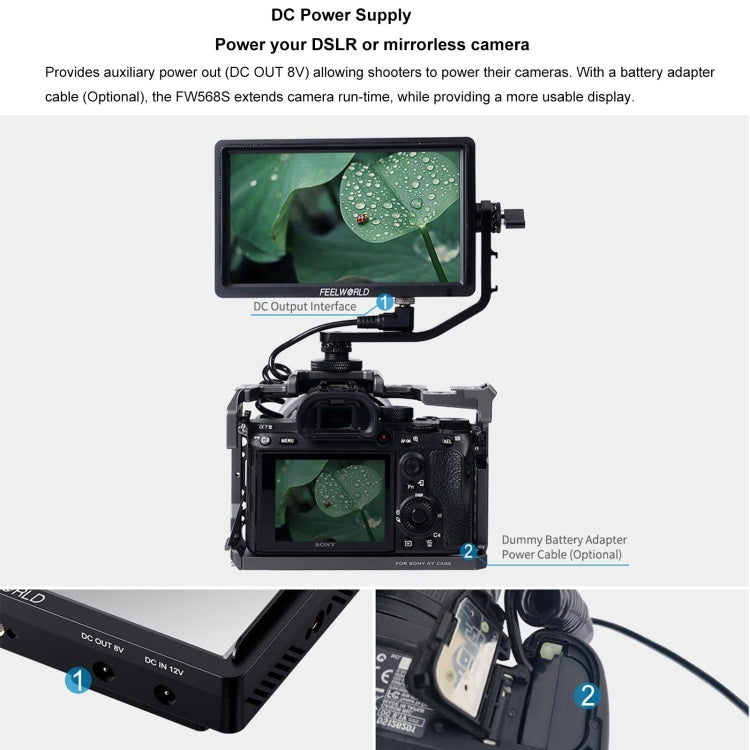 FEELWORLD FW568S 6 Inch On-camera Monitor FHD IPS 3G-SDI 4K HDMI F970 External Power and Install Kit, FW568S