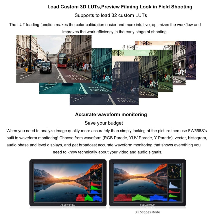 FEELWORLD FW568S 6 Inch On-camera Monitor FHD IPS 3G-SDI 4K HDMI F970 External Power and Install Kit, FW568S