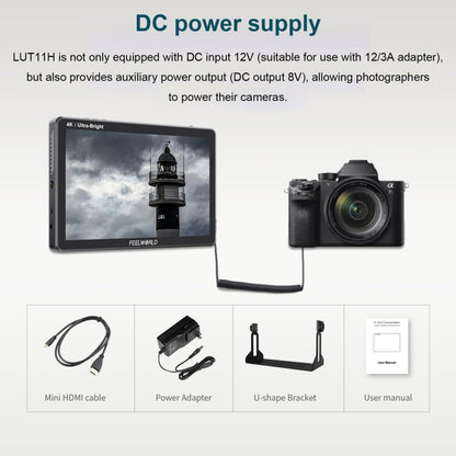 FEELWORLD LUT11H 10.1 Inch Ultra Bright 2000nit DSLR Camera Field Monitor Touch Screen 4K HDMI F970 External Power and Install Kit, LUT11H