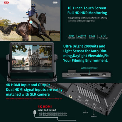 FEELWORLD LUT11H 10.1 Inch Ultra Bright 2000nit DSLR Camera Field Monitor Touch Screen 4K HDMI F970 External Power and Install Kit, LUT11H