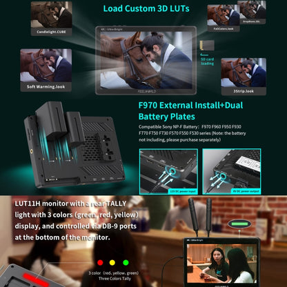 FEELWORLD LUT11H 10.1 Inch Ultra Bright 2000nit DSLR Camera Field Monitor Touch Screen 4K HDMI F970 External Power and Install Kit, LUT11H