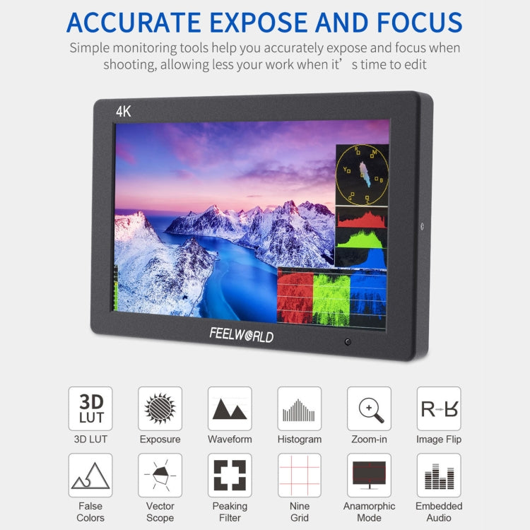 FEELWORLD T7 PLUS 7 inch 3D LUT DSLR Camera Field Monitor with Waveform 4K HDMI Aluminum Housing, T7 PLUS