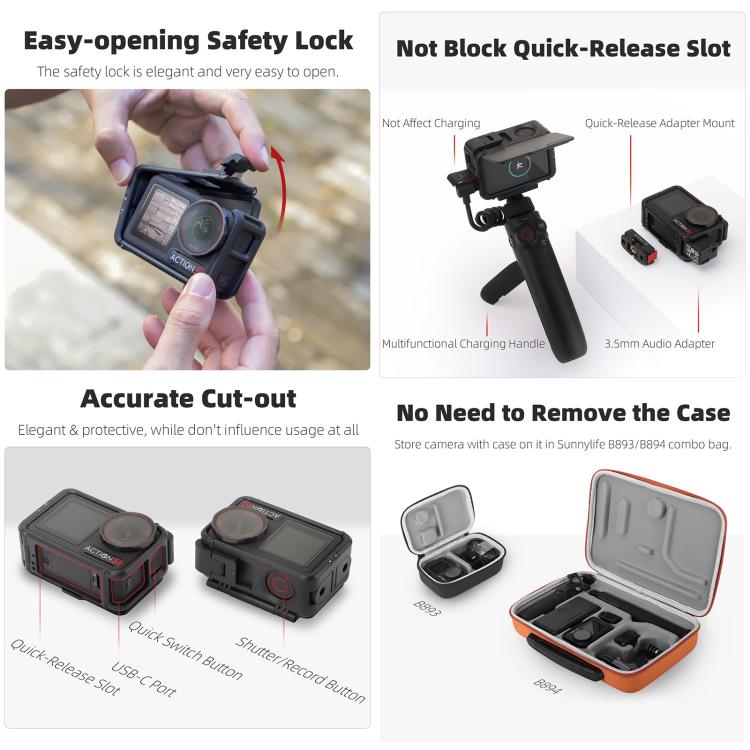 For DJI Osmo Action 5 Pro / 4 / 3 Sunnylife Protective Case Frame Mount Adapter Sun Hood Housing Case, For DJI Osmo Action 5 Pro / 4 / 3