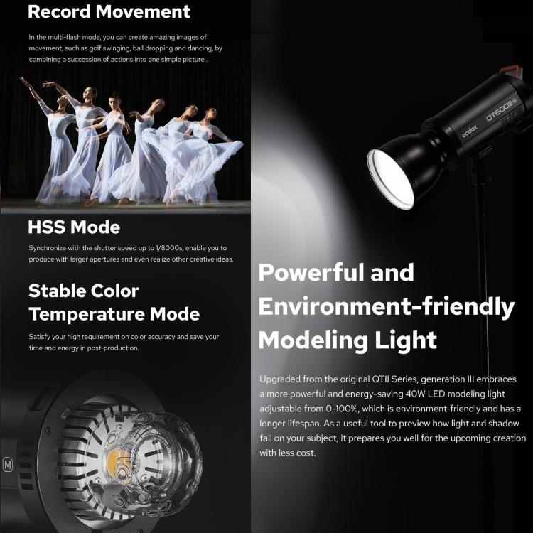 Godox QT1200III Quicker Studio Flash Light 1200Ws Bowens Mount High Speed Flash, QT1200III