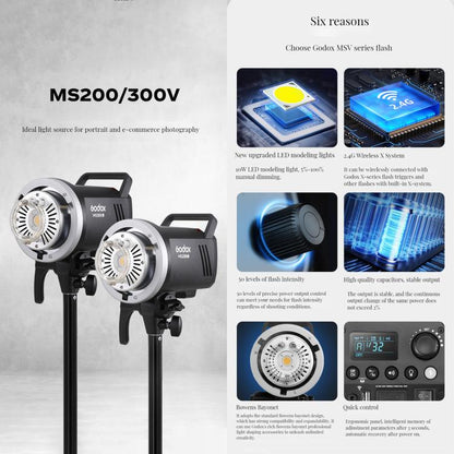 Godox MS300-V Studio Flash Light 300Ws Bowens Mount Strobe Light with Lamp Cover, MS300-V