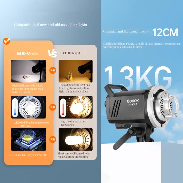 Godox MS200-V Studio Flash Light 200Ws Bowens Mount Strobe Light with Lamp Cover, MS200-V