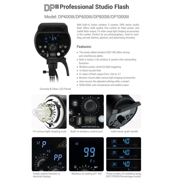 Godox DP400III Studio Flash Photo Light 400Ws 2.4G Wireless X System Bowens Mount Strobe Light, No Lamp Cover, DP400III