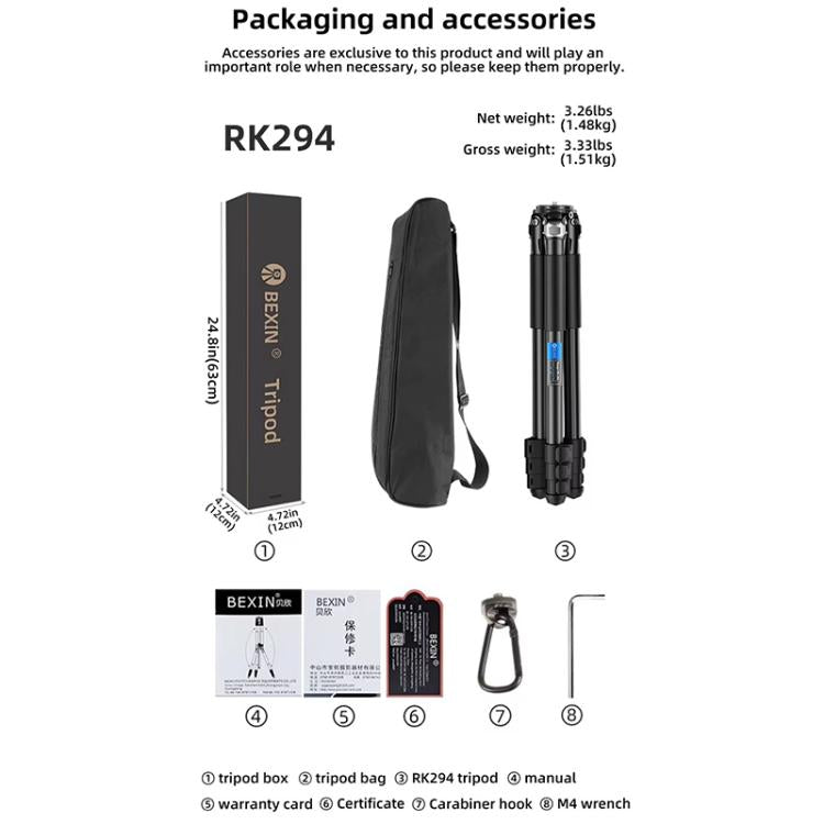 BEXIN RK294 Portable Collapsible Carbon Fiber Camera Tripod, RK294