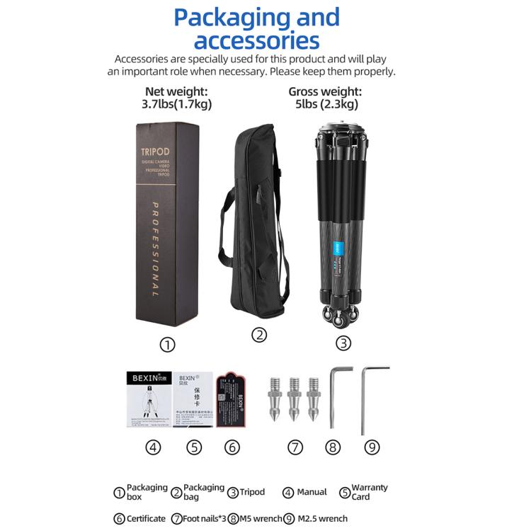 BEXIN ST402C Portable Collapsible Carbon Fiber Camera Tripod, ST402C