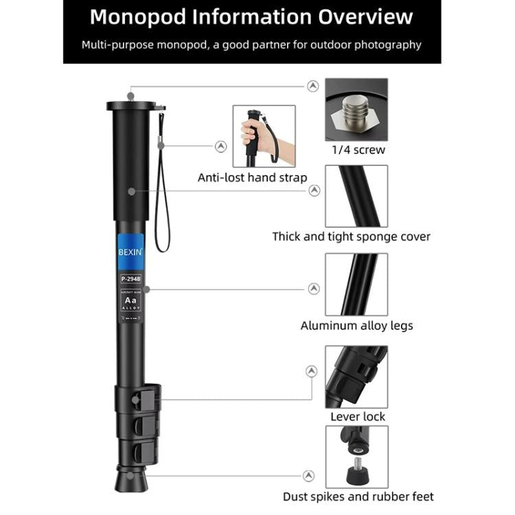 BEXIN P294B Portable Travel Outdoor DSLR Camera Aluminum Alloy Monopod Holder, P294B