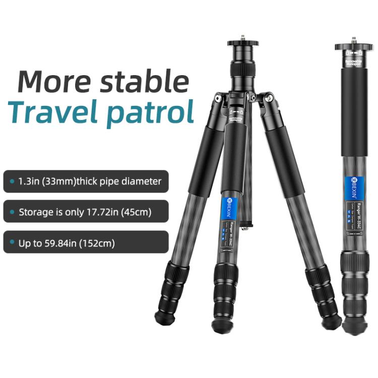 BEXIN W-334C Portable DSLR Camera 2 in 1 Carbon Fiber Tripod Detachable Monopod, W-334C