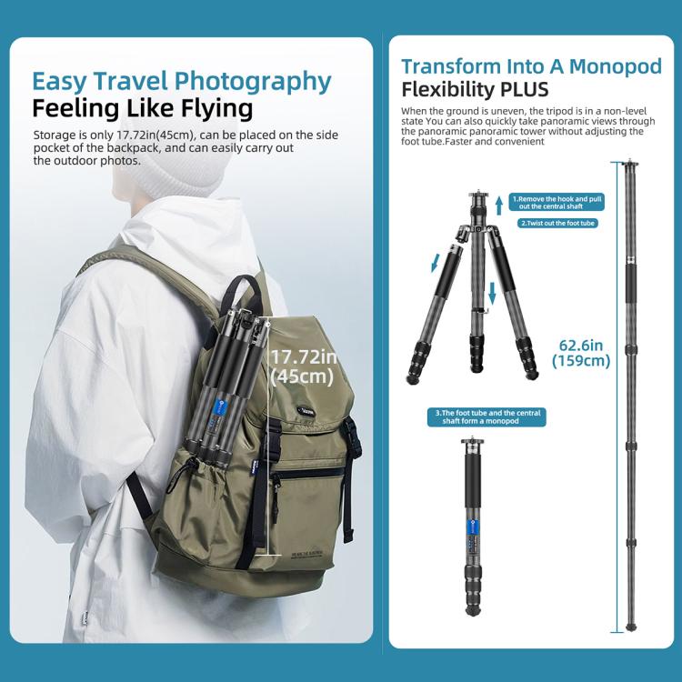 BEXIN W-334C Portable DSLR Camera 2 in 1 Carbon Fiber Tripod Detachable Monopod, W-334C