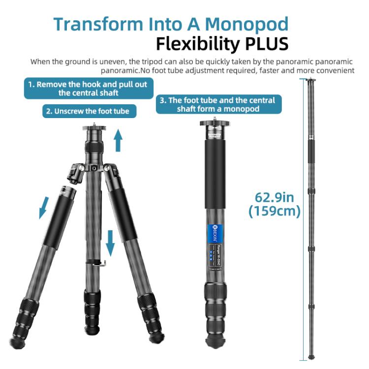 BEXIN W-334C Portable DSLR Camera 2 in 1 Carbon Fiber Tripod Detachable Monopod, W-334C