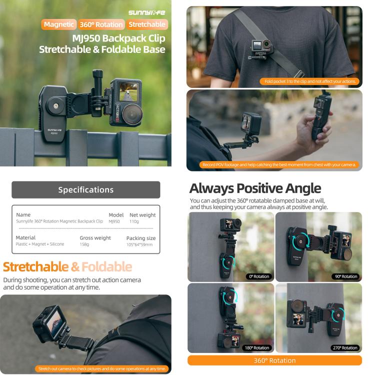 Sunnylife Stretchable Backpack Clip Rotatable Magnetic Mount Action Camera Holder Vlog Mount, For Action Cameras