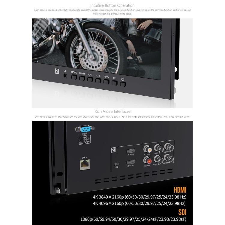 FEELWORLD D101 PLUS Dual 10.1 inch 4RU Rackmount Monitor 4K HDMI SDI 1920 x 1200 IPS Monitor, D101 PLUS