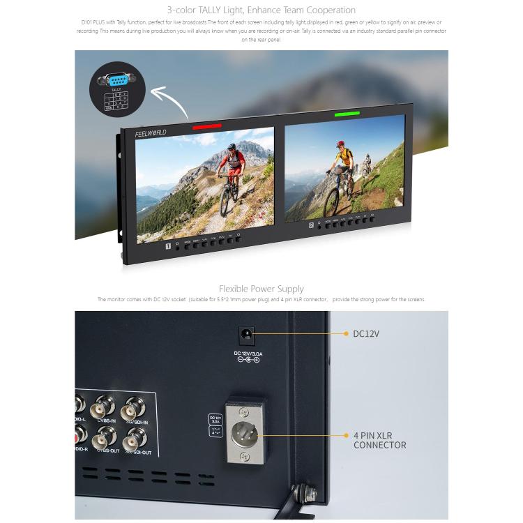 FEELWORLD D101 PLUS Dual 10.1 inch 4RU Rackmount Monitor 4K HDMI SDI 1920 x 1200 IPS Monitor, D101 PLUS