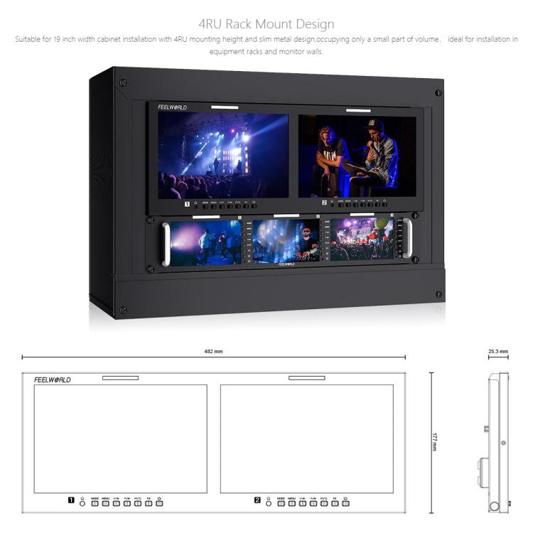 FEELWORLD D101 PLUS Dual 10.1 inch 4RU Rackmount Monitor 4K HDMI SDI 1920 x 1200 IPS Monitor, D101 PLUS