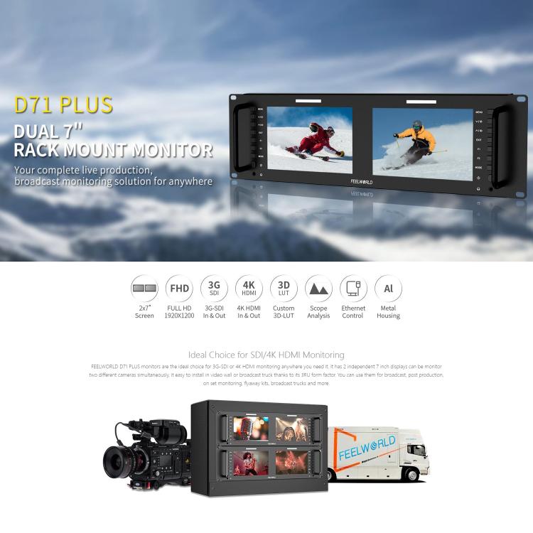 FEELWORLD D71 PLUS Dual 7 inch 3RU Rackmount Monitor 4K HDMI SDI 1920 x 1200 IPS Monitor, D71 PLUS