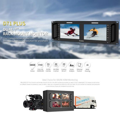 FEELWORLD D71 PLUS Dual 7 inch 3RU Rackmount Monitor 4K HDMI SDI 1920 x 1200 IPS Monitor, D71 PLUS