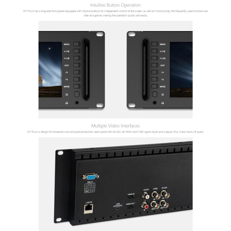 FEELWORLD D71 PLUS Dual 7 inch 3RU Rackmount Monitor 4K HDMI SDI 1920 x 1200 IPS Monitor, D71 PLUS