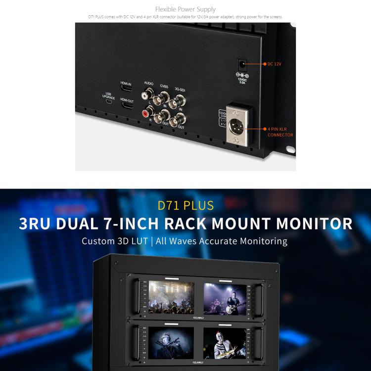 FEELWORLD D71 PLUS Dual 7 inch 3RU Rackmount Monitor 4K HDMI SDI 1920 x 1200 IPS Monitor, D71 PLUS