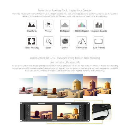 FEELWORLD D71 PLUS Dual 7 inch 3RU Rackmount Monitor 4K HDMI SDI 1920 x 1200 IPS Monitor, D71 PLUS