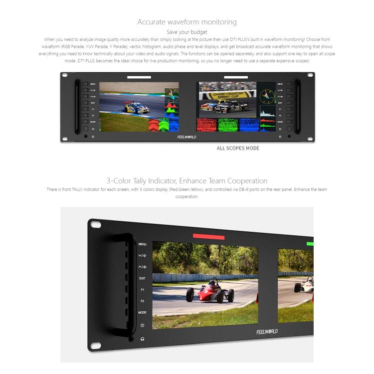 FEELWORLD D71 PLUS Dual 7 inch 3RU Rackmount Monitor 4K HDMI SDI 1920 x 1200 IPS Monitor, D71 PLUS