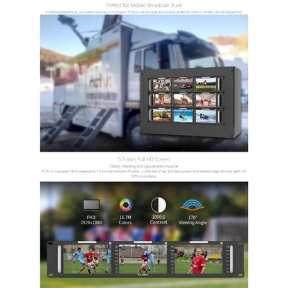FEELWORLD T51 PLUS Triple 5.5 inch 2RU Rackmount Monitor Full HD 3G-SDI 4KHDMI AV Monitor, T51 PLUS