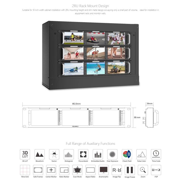 FEELWORLD T51 PLUS Triple 5.5 inch 2RU Rackmount Monitor Full HD 3G-SDI 4KHDMI AV Monitor, T51 PLUS