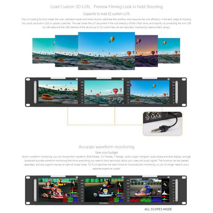 FEELWORLD T51 PLUS Triple 5.5 inch 2RU Rackmount Monitor Full HD 3G-SDI 4KHDMI AV Monitor, T51 PLUS