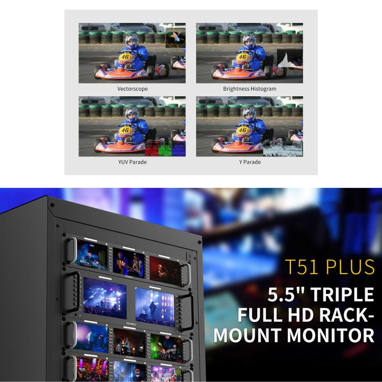 FEELWORLD T51 PLUS Triple 5.5 inch 2RU Rackmount Monitor Full HD 3G-SDI 4KHDMI AV Monitor, T51 PLUS