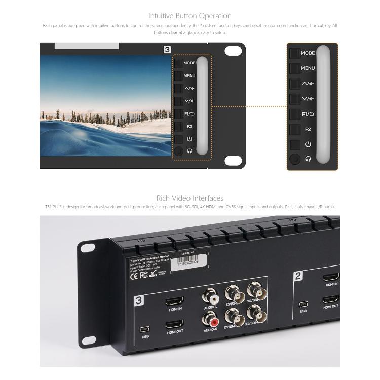 FEELWORLD T51 PLUS Triple 5.5 inch 2RU Rackmount Monitor Full HD 3G-SDI 4KHDMI AV Monitor, T51 PLUS