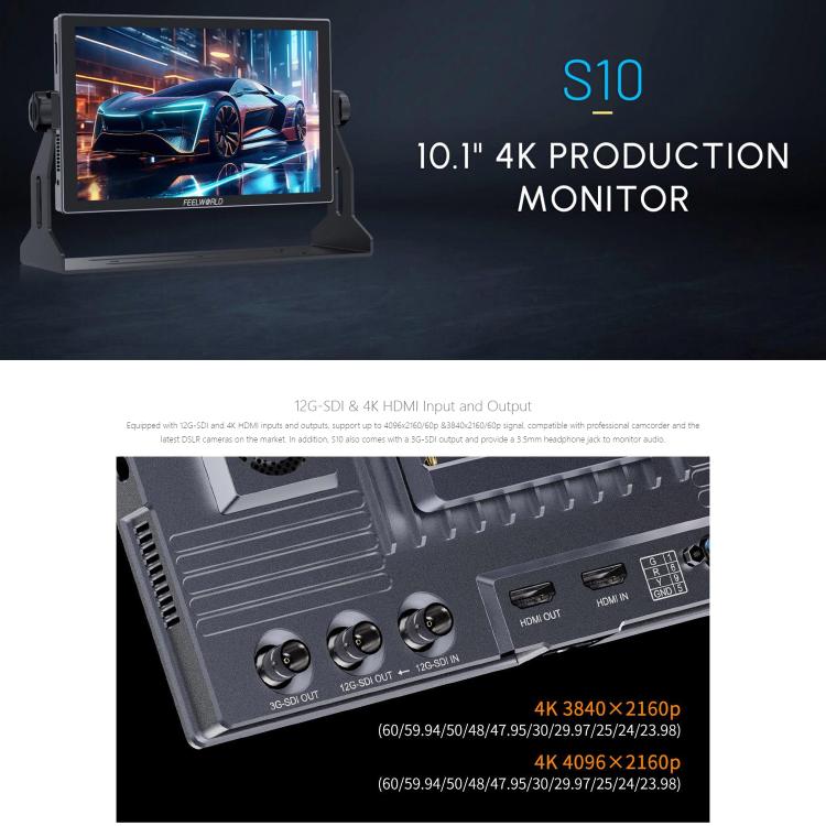 FEELWORLD S10 10.1 inch 12G SDI HDMI2.0 Camera Field Monitor High Brightness 1200nit Touchscreen Monitor, S10